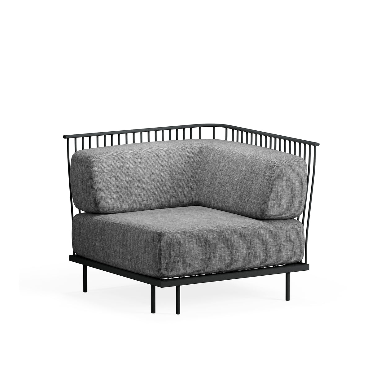 A modern Cannolè Lounge Corner Module with a black steel wire back, thick gray upholstered cushions, and minimalist design. Perfect for outdoor/indoor spaces, it features slender legs and clean lines, set against a plain white background.