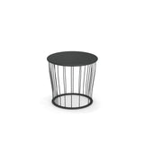 The Cannolè Side Table is a modern round black outdoor/indoor side table with a solid top and a sleek steel wire base. Evenly spaced vertical bars connect the circular top to the base, creating a minimalist, airy design set against a plain white background.