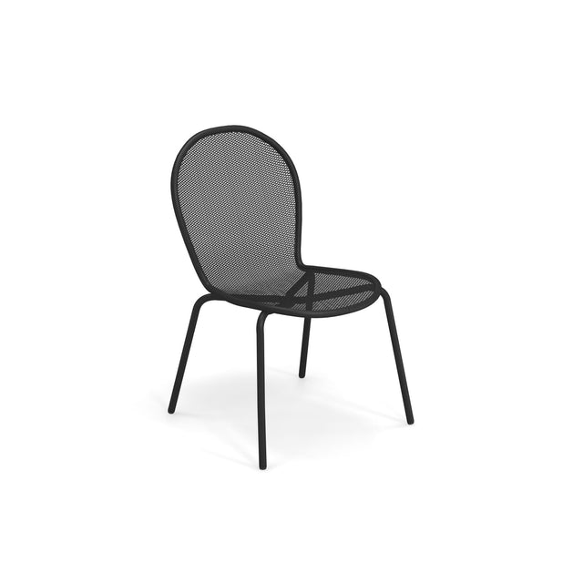 A minimalist, modern steel mesh chair with a rounded backrest and seat, supported by four slender angled legs. The Ronda Stacking Side Chair is perfect as an indoor outdoor chair, set against a plain white background.