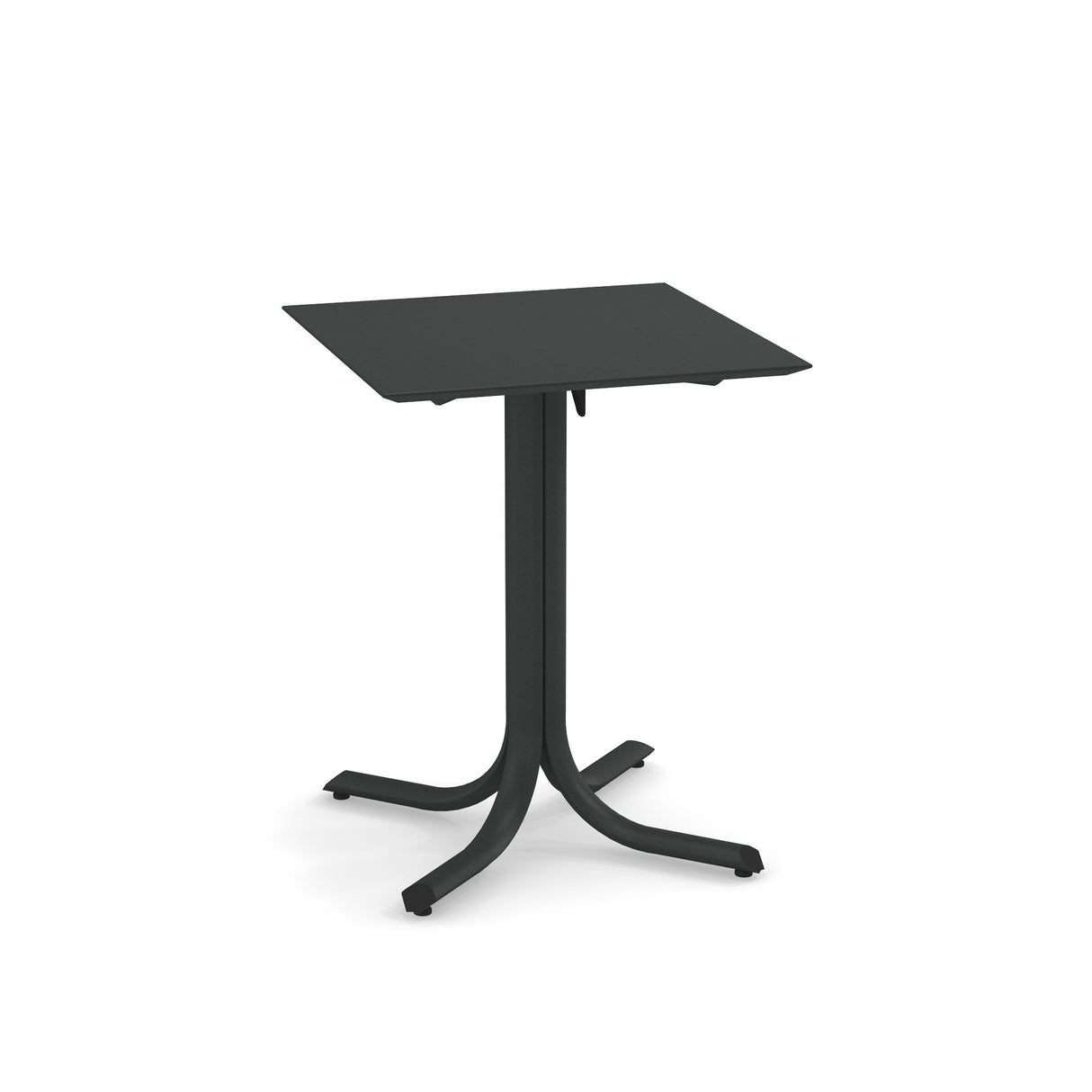 A square, black metal indoor/outdoor table with a flat top and a single central support branching into four curved legs with small feet. The simple, modern design is perfect for versatile spaces.