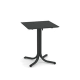 A square, black metal indoor/outdoor table with a flat top and a single central support branching into four curved legs with small feet. The simple, modern design is perfect for versatile spaces.