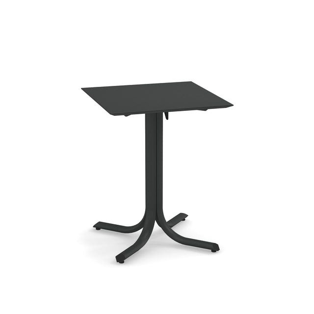 A square, black metal indoor/outdoor table with a flat top and a single central support branching into four curved legs with small feet. The simple, modern design is perfect for versatile spaces.