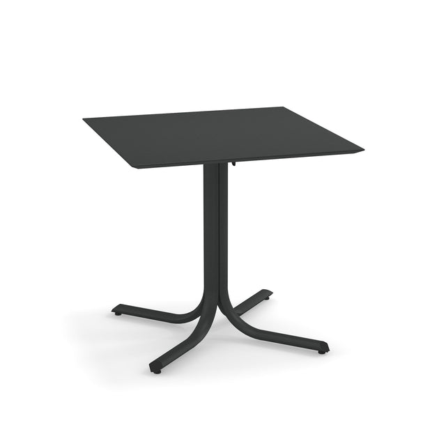 A modern, square, black solid surface table with a thin tabletop and a central pedestal base that splits into four curved legs. Minimalistic and sturdy, it suits both indoor/outdoor use and features a stylish matte finish.