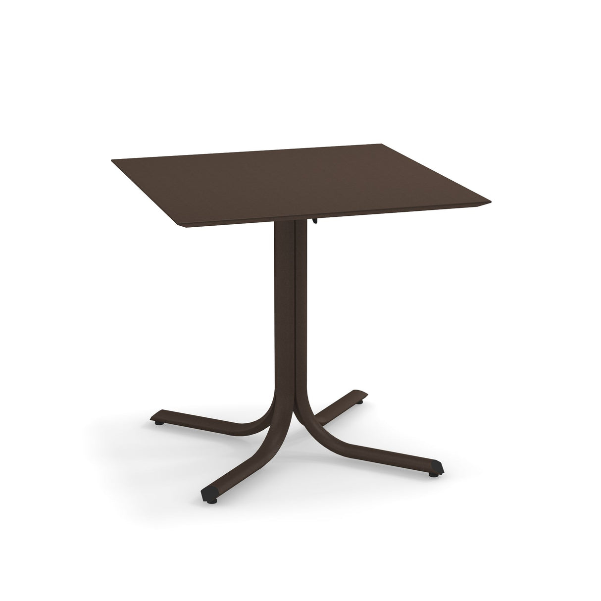 A brown, square indoor/outdoor table with a flat top and a central pedestal branching into four curved legs, each ending with a small foot. Minimalist in design, this solid surface table appears to be made of metal.