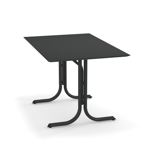 A rectangular black solid surface table with a thin, flat top and two curved metal pedestal legs joined at the center. Wide, flat feet provide stability. Suitable as an indoor/outdoor table, it is shown against a plain white background.