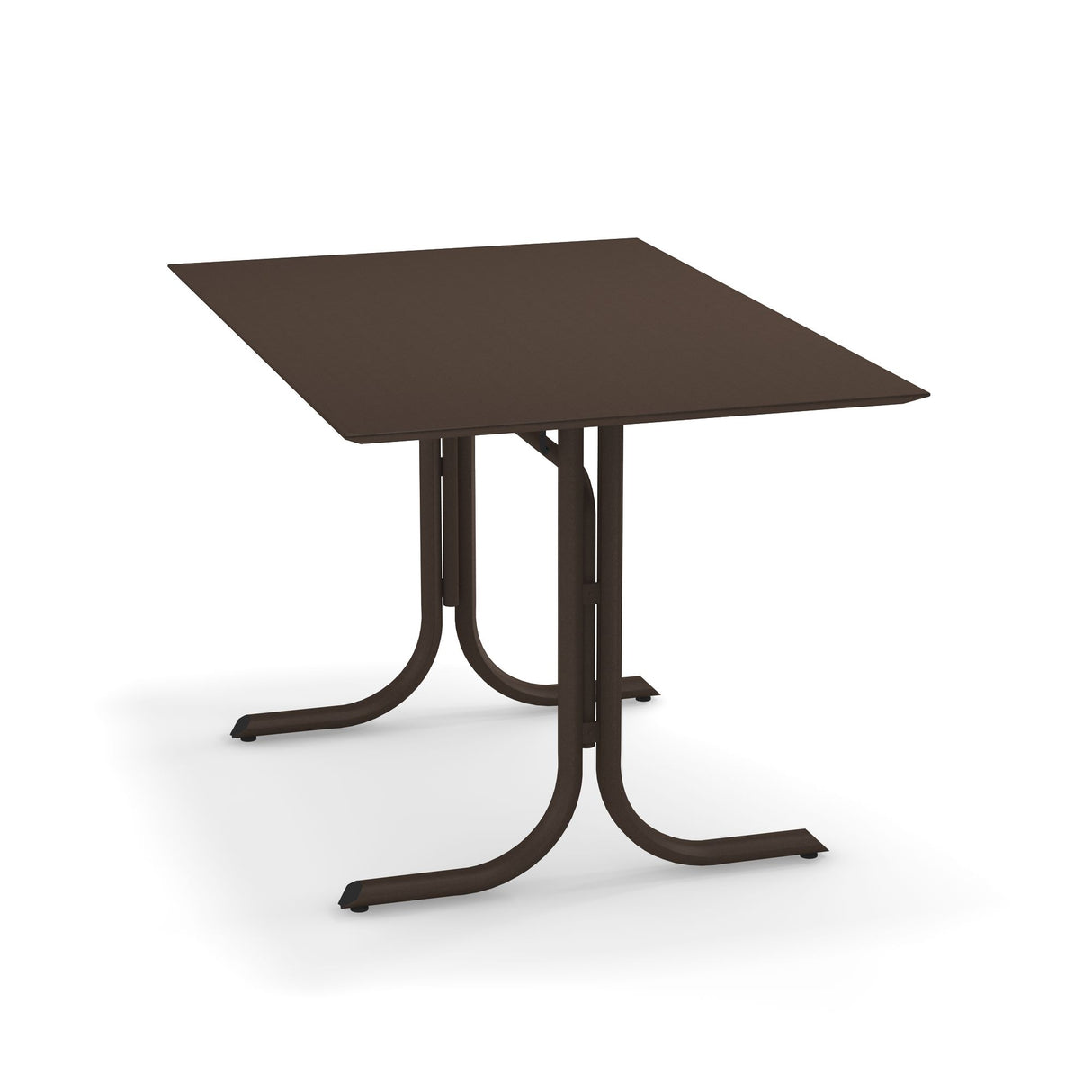 A square, dark brown metal indoor/outdoor table with a flat top and four curved legs meeting at two central supports. The modern, minimalistic solid surface table is pictured on a plain white background.