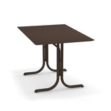 A square, dark brown metal indoor/outdoor table with a flat top and four curved legs meeting at two central supports. The modern, minimalistic solid surface table is pictured on a plain white background.