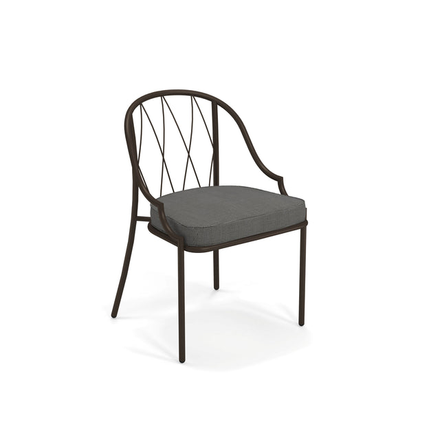A modern steel wire chair with a dark metal frame, slender legs, a rounded backrest featuring diagonal wire details, and a thick, square-shaped gray cushioned seat. The minimalist design suits both indoor and outdoor chair settings.