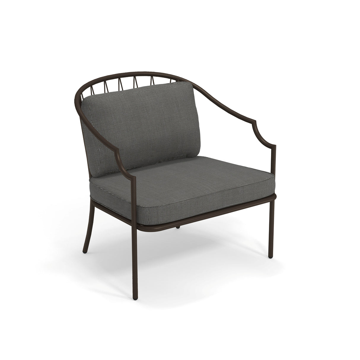The Como Lounge Arm Chair features a modern design with a dark steel wire frame. Suitable for indoor/outdoor spaces, it has a curved backrest with vertical bar details and plush, textured gray cushions for added comfort.