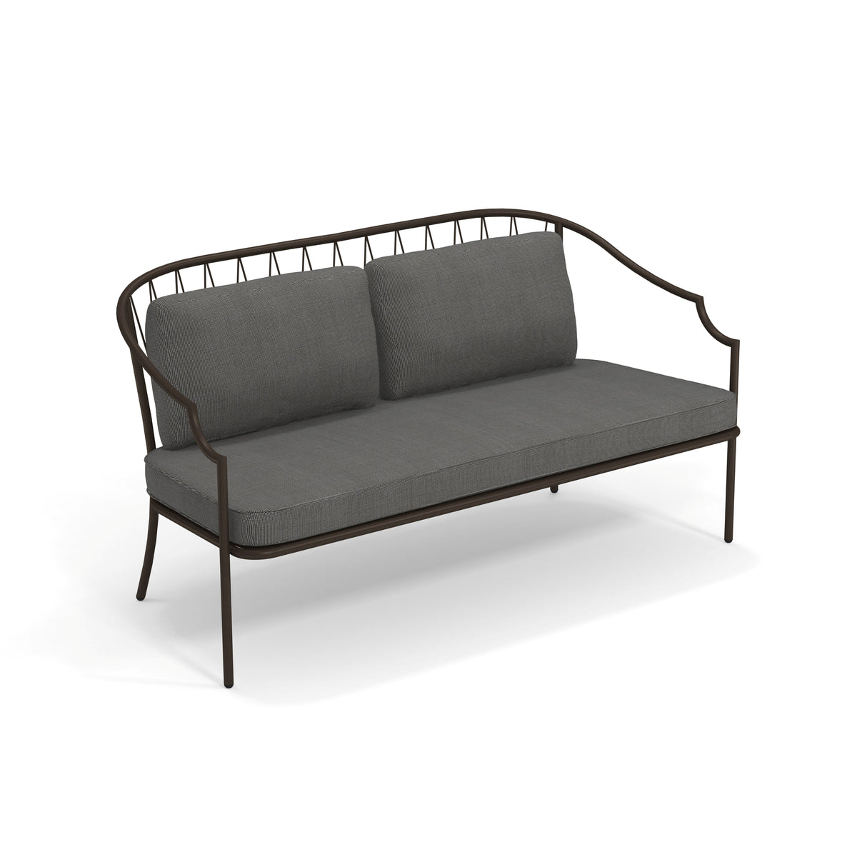 A modern Como Loveseat with a steel wire diamond pattern frame and curved armrests, featuring a minimalist, open design. The seat and two back cushions are upholstered in dark gray fabric, perfect for stylish indoor/outdoor use.