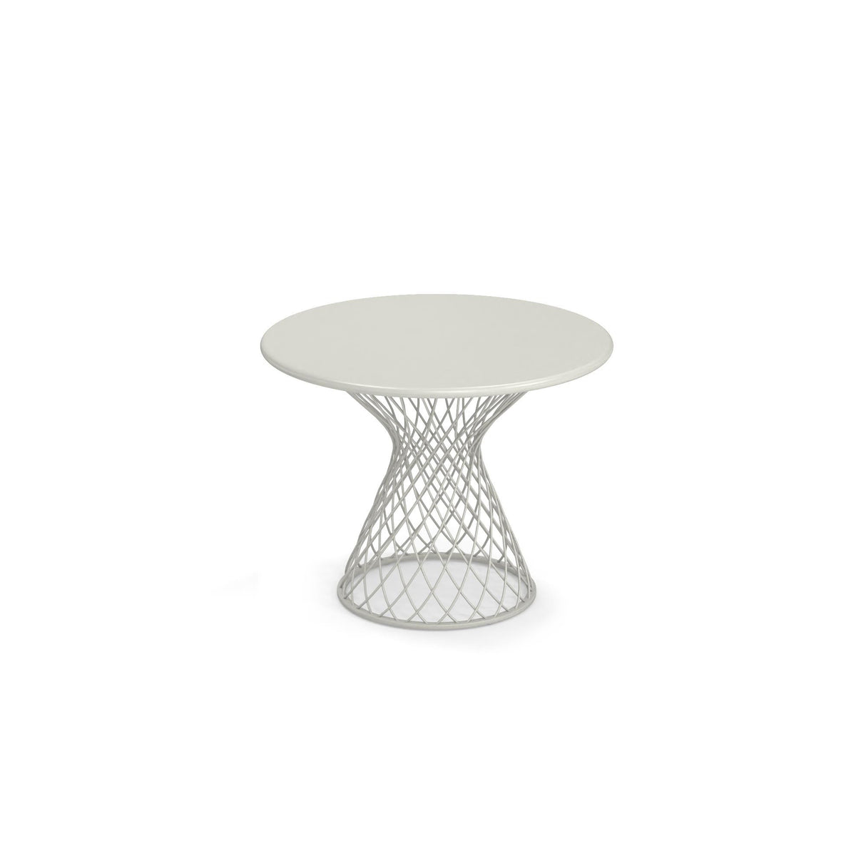 A round, white Como Side Table with a solid top and an open, geometric steel wire base that flares outward in a lattice shape. This modern, minimalist indoor/outdoor side table is centered on a plain white background.