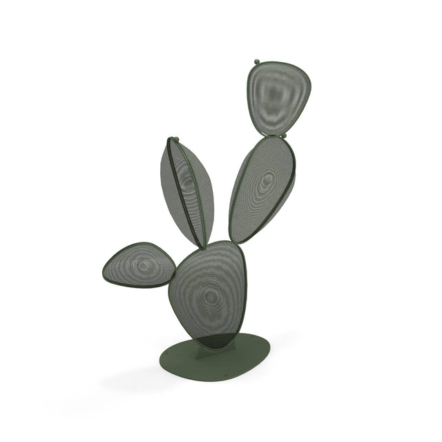 A sculptural object resembling a cactus, crafted from e-coated steel mesh in a military green finish. Five oval and circular pads branch upward from a round Cactus Base Module, each showing visible concentric mesh patterns against a plain white background.