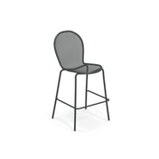 A modern steel mesh barstool with a rounded, mesh metal backrest and seat. The Ronda Stacking Barstool features four thin, straight legs and a simple footrest in a dark powder-coated finish, offering minimalist style for any outdoor or indoor space.