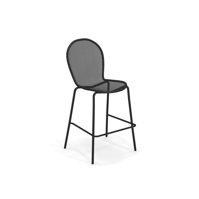 A tall, modern Ronda Stacking Barstool with a black steel mesh seat and rounded backrest. Featuring four slim legs, a supportive footrest, and sleek, minimalist, industrial style. The background is plain white.