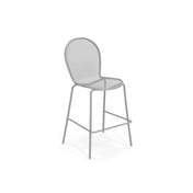 A modern gray steel mesh barstool with a rounded mesh backrest and seat. The stool’s four straight legs are joined by crossbars, giving it a lightweight, airy appearance. Minimalist in design, this barstool is ideal for indoor or outdoor use.