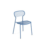 A minimalist blue Apero Stacking Side Chair made of e-coated steel with a wireframe design. Horizontal metal rods form the backrest and seat, and four slender legs complete this outdoor stacking chair’s modern, open look against a plain white background.
