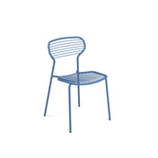 A minimalist blue Apero Stacking Side Chair made of e-coated steel with a wireframe design. Horizontal metal rods form the backrest and seat, and four slender legs complete this outdoor stacking chair’s modern, open look against a plain white background.