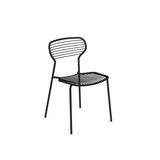 A minimalist black metal chair with a wireframe design, crafted from powder coated steel. The Apero Stacking Side Chair features horizontal metal rods and four slender legs, perfect as an outdoor/indoor chair. The background is plain white.