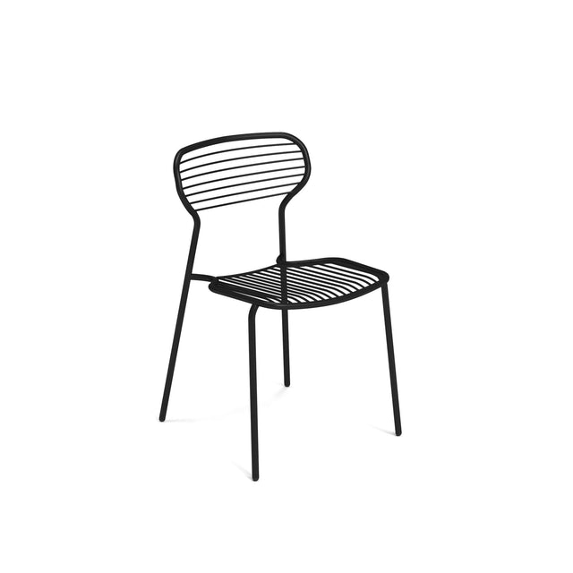 A minimalist black metal chair with a wireframe design, crafted from powder coated steel. The Apero Stacking Side Chair features horizontal metal rods and four slender legs, perfect as an outdoor/indoor chair. The background is plain white.