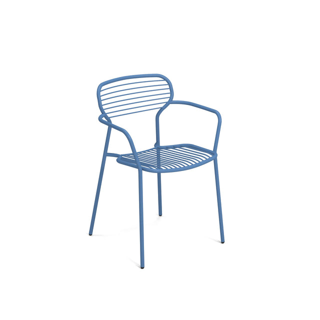 A minimalist Apero Stacking Armchair made of thin, blue e-coated steel rods. Its curved backrest and seat feature horizontal slats, with armrests and a simple four-legged base. This lightweight chair suits any modern outdoor/indoor space.