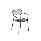 The Apero Stacking Armchair is a modern black metal chair with a wireframe design, crafted from e-coated steel. Its minimalist style suits both outdoor/indoor spaces, featuring horizontal rods, curved armrests, and slender legs for a lightweight look.