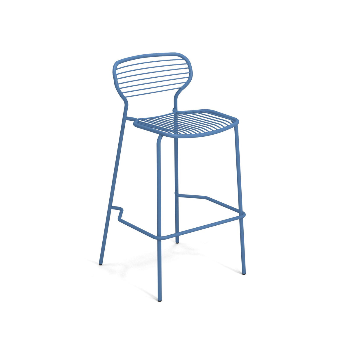 The Apero Stacking Barstool is a modern blue metal outdoor barstool with a wireframe design, featuring e-coated steel horizontal slats, a curved backrest, and slender legs with a rectangular footrest. Shown on a plain white background.