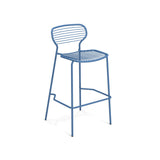 The Apero Stacking Barstool is a modern blue metal outdoor barstool with a wireframe design, featuring e-coated steel horizontal slats, a curved backrest, and slender legs with a rectangular footrest. Shown on a plain white background.