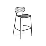 A minimalist black metal Apero Stacking Barstool with a wireframe design, crafted from e-coated steel for durability. It features a curved backrest and seat of horizontal bars, four slender legs, and a footrest—ideal as an outdoor barstool on a plain white background.