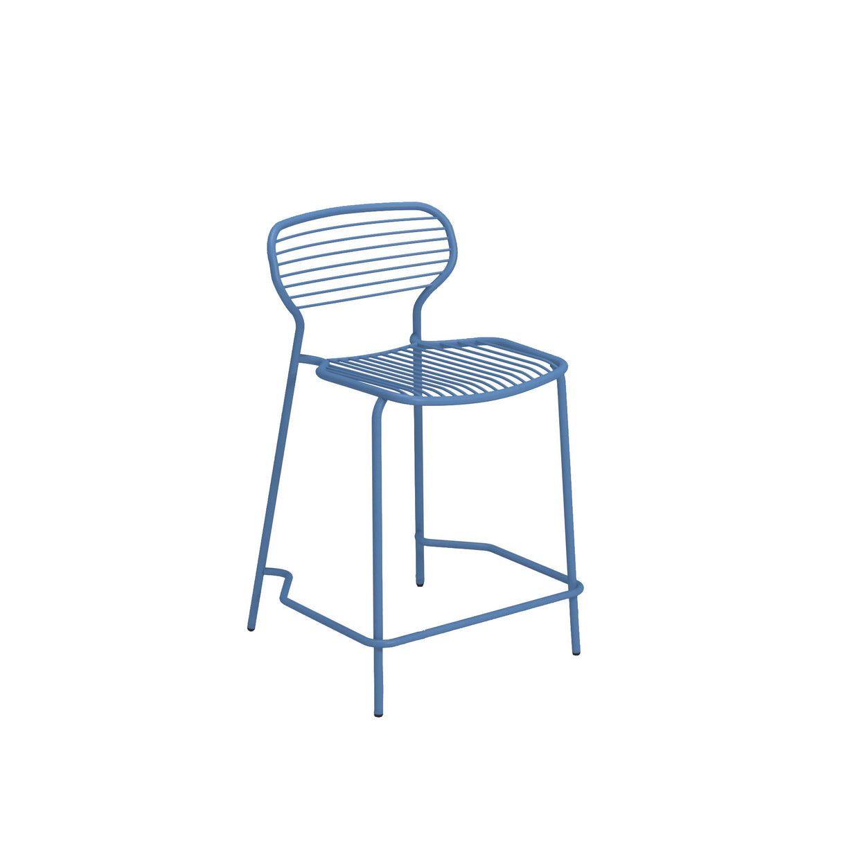 A minimalist blue steel barstool with a curved backrest and seat, both made of horizontal metal rods. The chair has four thin legs and a lower footrest, all constructed from the same blue metal, ideal as an outdoor barstool against a white background.