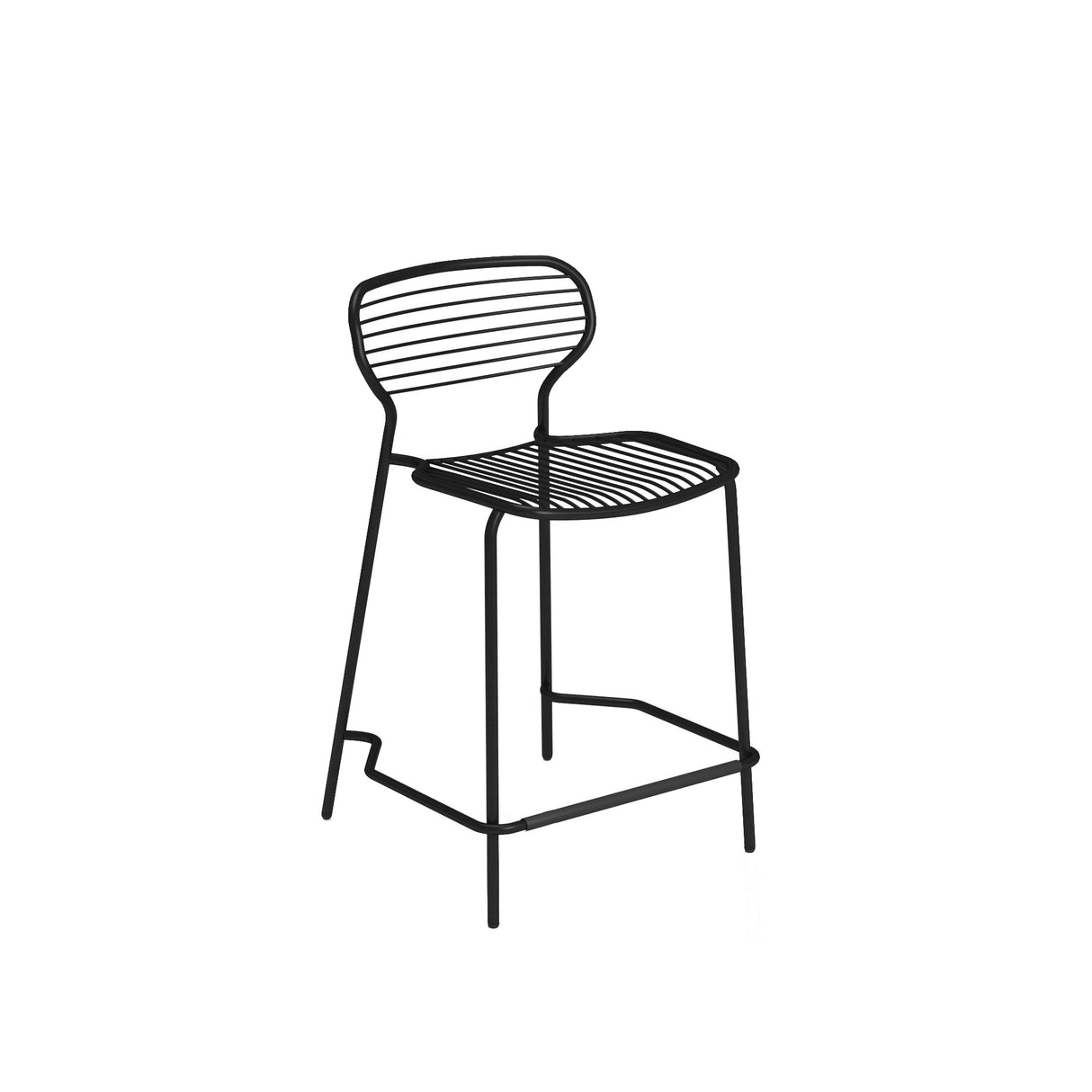 Minimalist black Apero Stacking Barstool with a curved backrest and seat, both featuring horizontal slats. This modern steel barstool has four slender legs with a footrest bar, perfect for outdoor use and set against a plain white background.