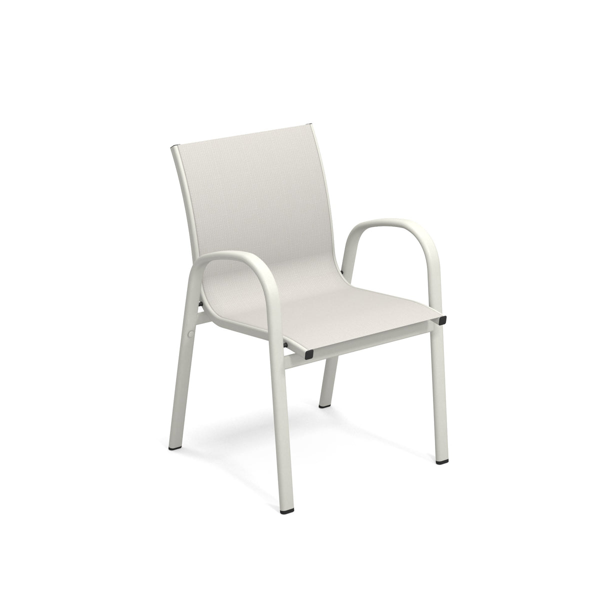 A modern Holly Stacking Armchair with a white aluminum frame and light beige mesh seat and backrest. It features curved armrests, straight legs with black tips, and a minimalist style—perfect as an outdoor indoor chair.