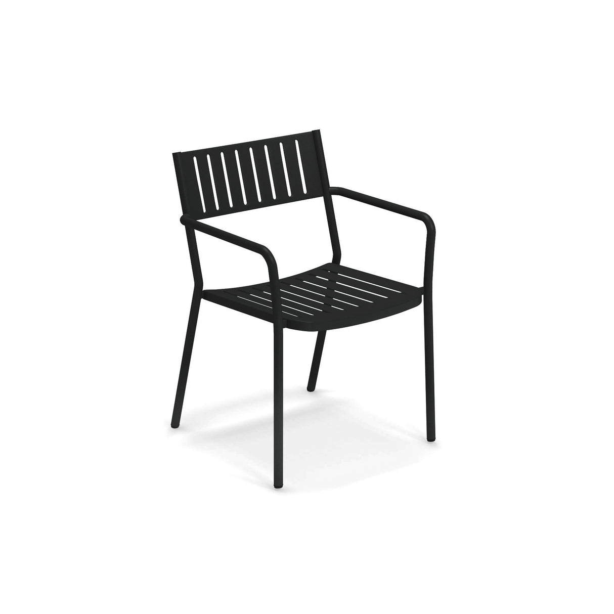 The Bridge Stacking Armchair is a black outdoor steel chair with armrests, slightly angled legs, and a slatted seat and backrest. Its modern, minimalist look is enhanced by a durable powder coat finish, set against a white background with a faint shadow.