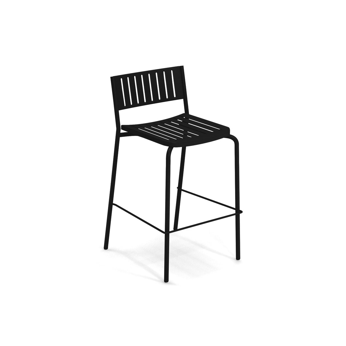The Bridge Stacking Barstool is a black steel barstool with a slatted backrest and seat, four straight legs with crossbars for support, and a simple, modern design. Ideal as an outdoor barstool, it is shown on a plain white background.