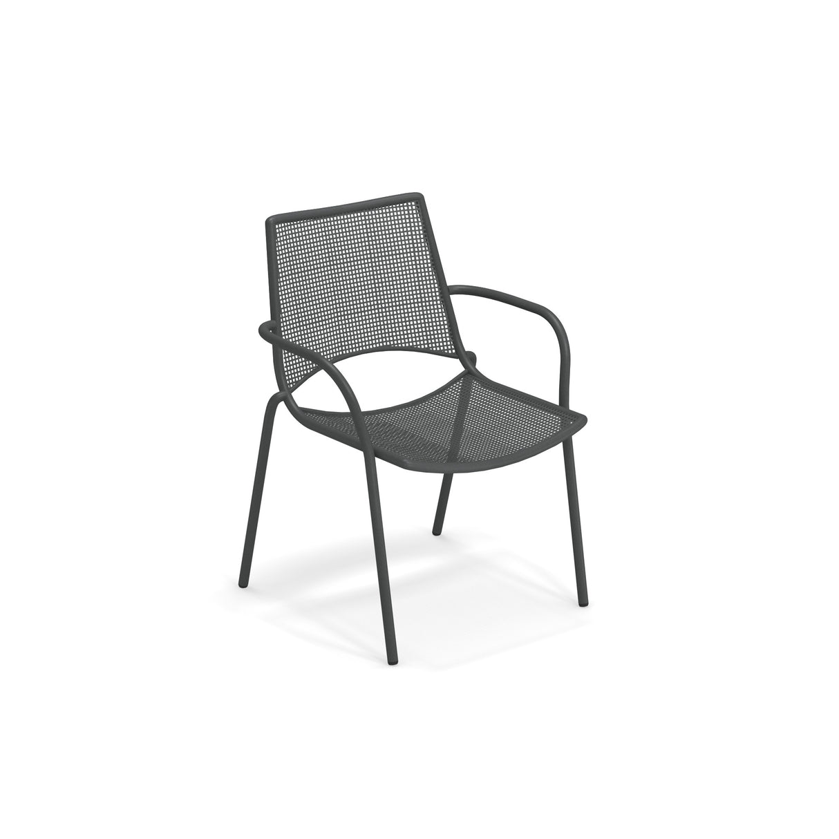 A black steel mesh chair with a minimalist, modern design, featuring gently curved armrests and four straight legs. This airy Topper Stacking Armchair is lightweight, making it perfect as an outdoor indoor chair for any space.