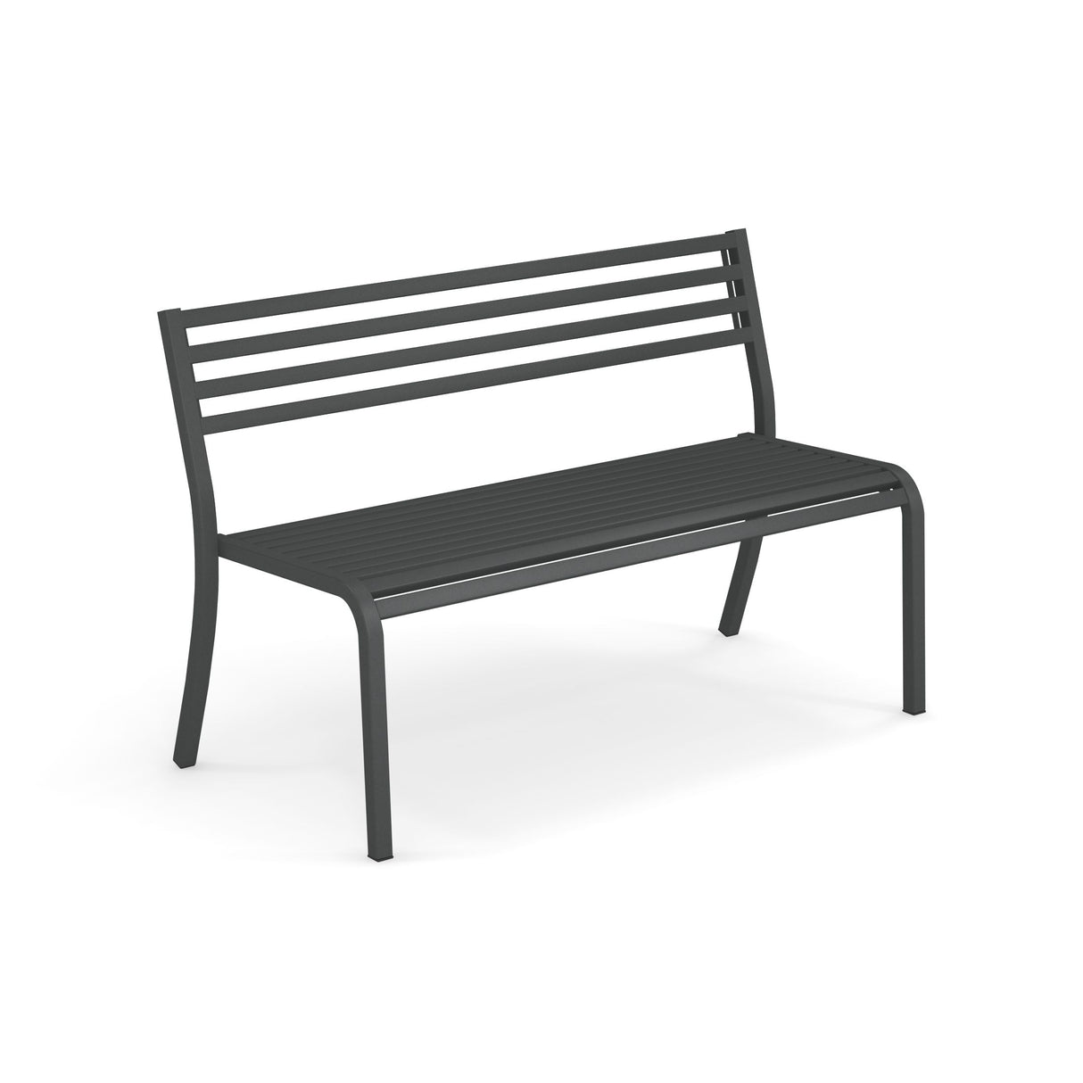 A simple, modern Segno Stacking Bench made of dark gray steel, featuring a slatted seat and backrest with three horizontal slats. This outdoor bench has four straight legs, no armrests, and is set against a plain white background.