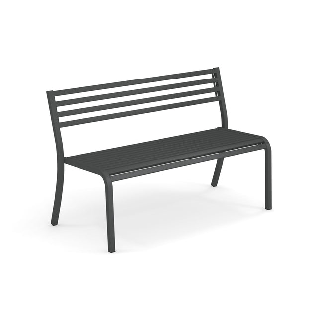 A simple, modern Segno Stacking Bench made of dark gray steel, featuring a slatted seat and backrest with three horizontal slats. This outdoor bench has four straight legs, no armrests, and is set against a plain white background.