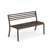 A brown steel bench with a slatted backrest and seat. This outdoor bench features four straight legs and a simple, modern design, photographed on a white background to highlight its clean lines and minimalist style.