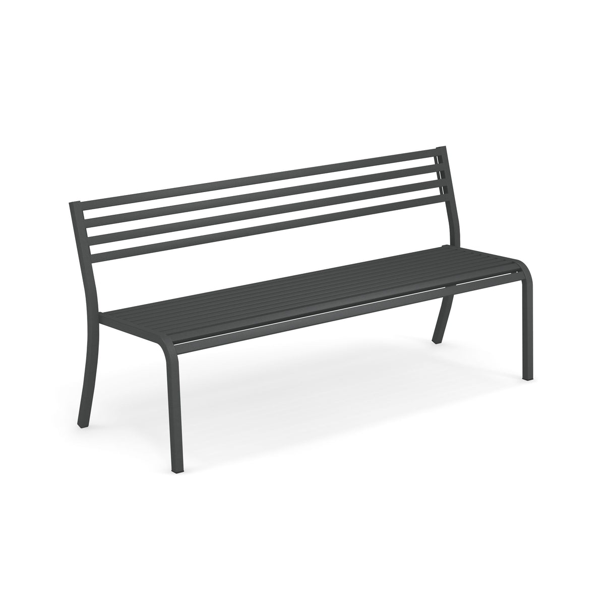 A modern steel bench with a dark gray metal frame, slatted seat, and three horizontal slats on the backrest. This Segno Stacking Bench has four straight legs and a minimalist, sturdy design. The background is plain white.
