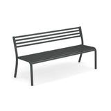 A modern steel bench with a dark gray metal frame, slatted seat, and three horizontal slats on the backrest. This Segno Stacking Bench has four straight legs and a minimalist, sturdy design. The background is plain white.
