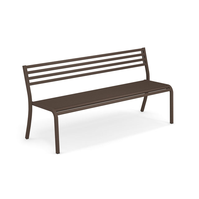 A brown steel Segno Stacking Bench with a slatted backrest and seat, featuring four straight legs and a simple, modern design. This versatile outdoor/indoor bench is photographed against a white background.