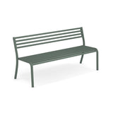 The Segno Stacking Bench is a green metal outdoor bench crafted from durable e-coated steel, featuring a slatted backrest and seat with four angled legs. Its modern, minimalist design is highlighted against a white background.