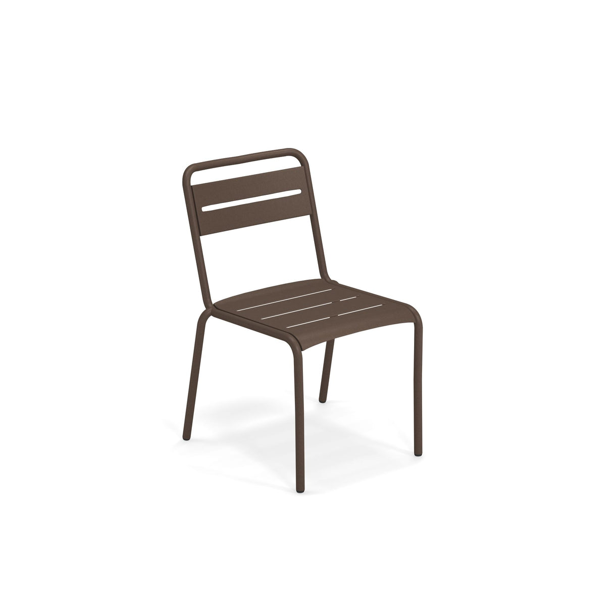 A simple brown Star Stacking Side Chair made from e-coated steel with a slatted seat and backrest. Its minimalist, functional design suits both outdoor and indoor settings, featuring four straight legs and a slightly angled back. Photographed on a white background.