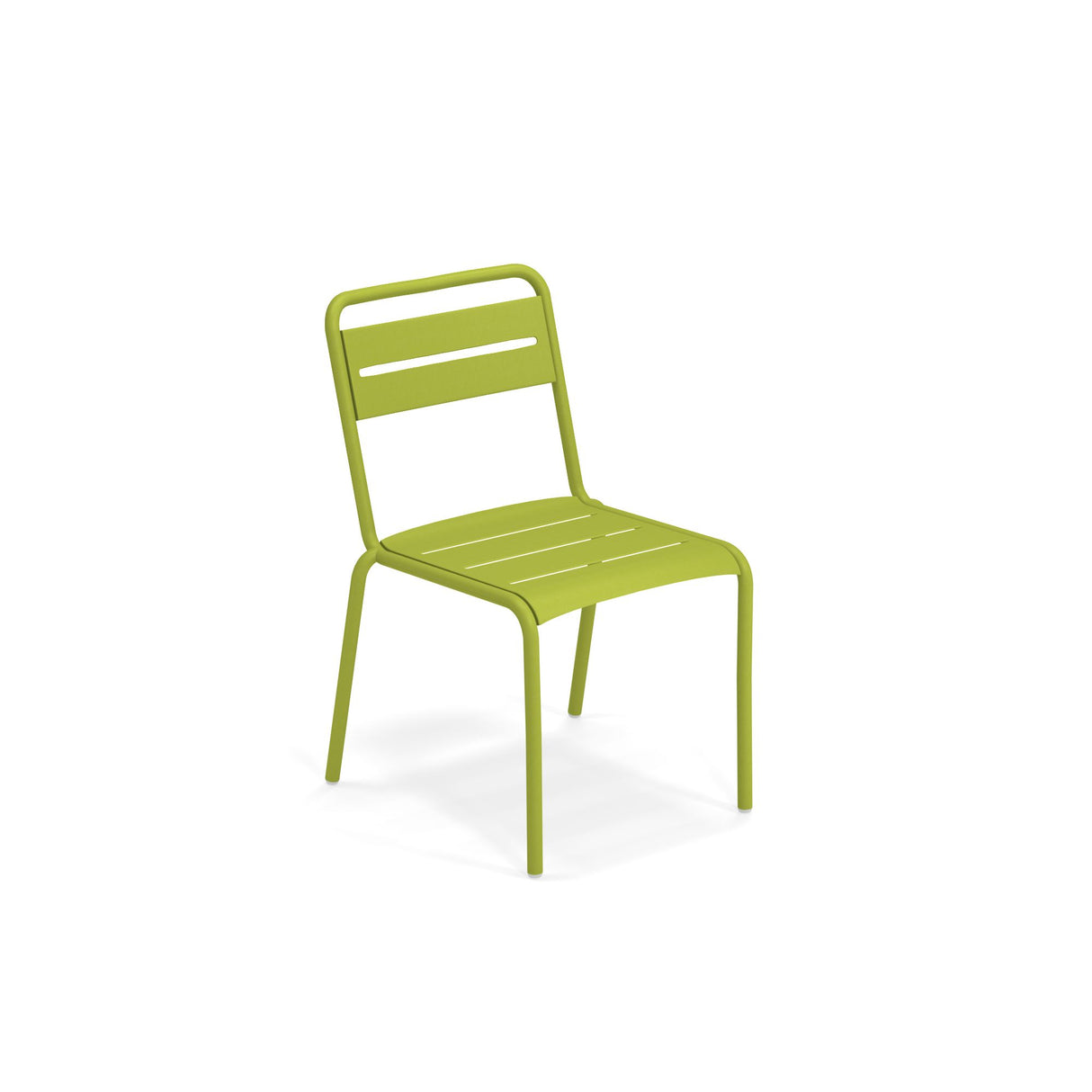 A modern green outdoor chair with a simple design, featuring an e-coated steel slatted seat and backrest, gently curved legs, and no armrests. The Star Stacking Side Chair is positioned slightly angled to the left against a plain white background.