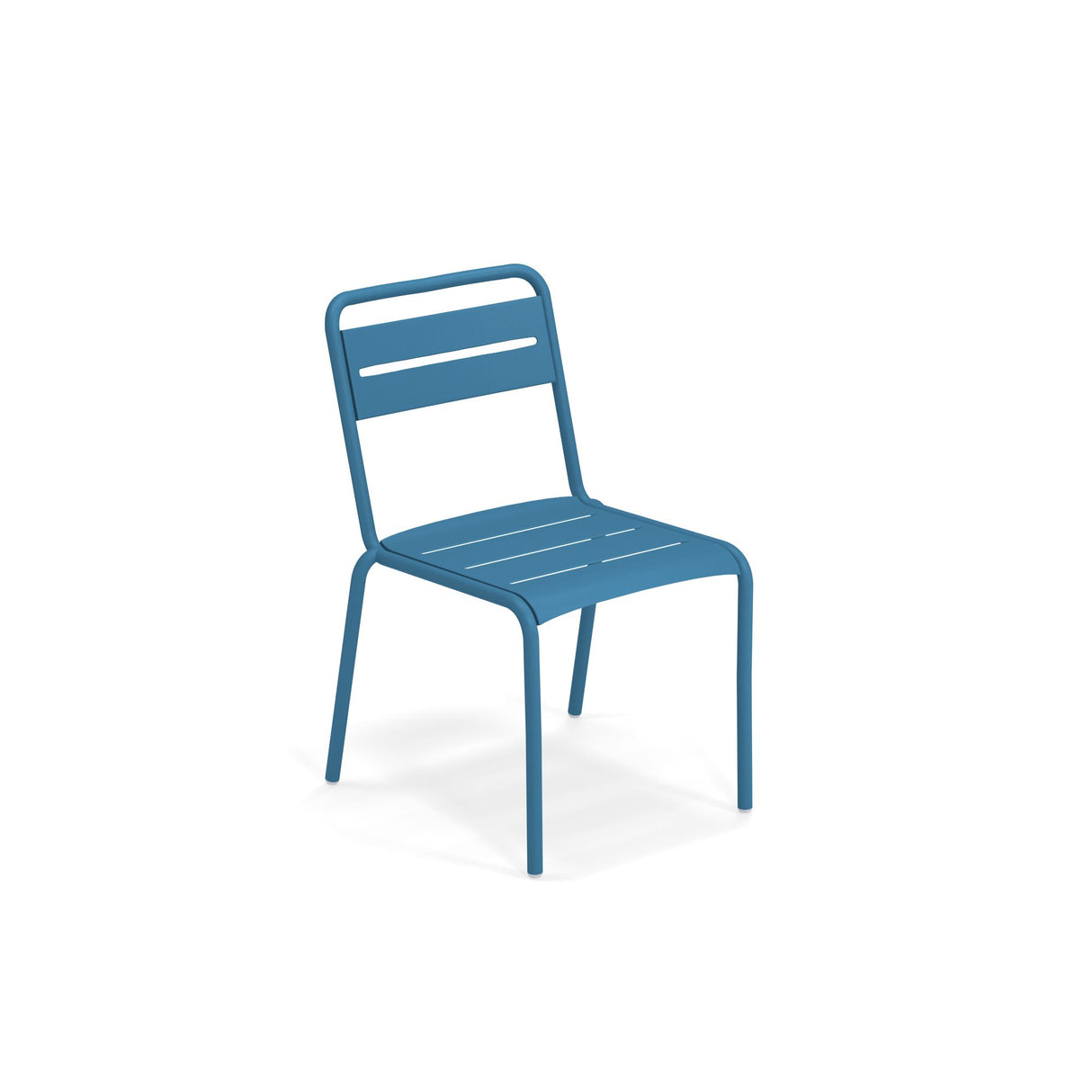 A simple blue Star Stacking Side Chair with steel slats on the seat and backrest. Its minimalistic, modern design suits both outdoor/indoor spaces, and it's shown against a plain white background.