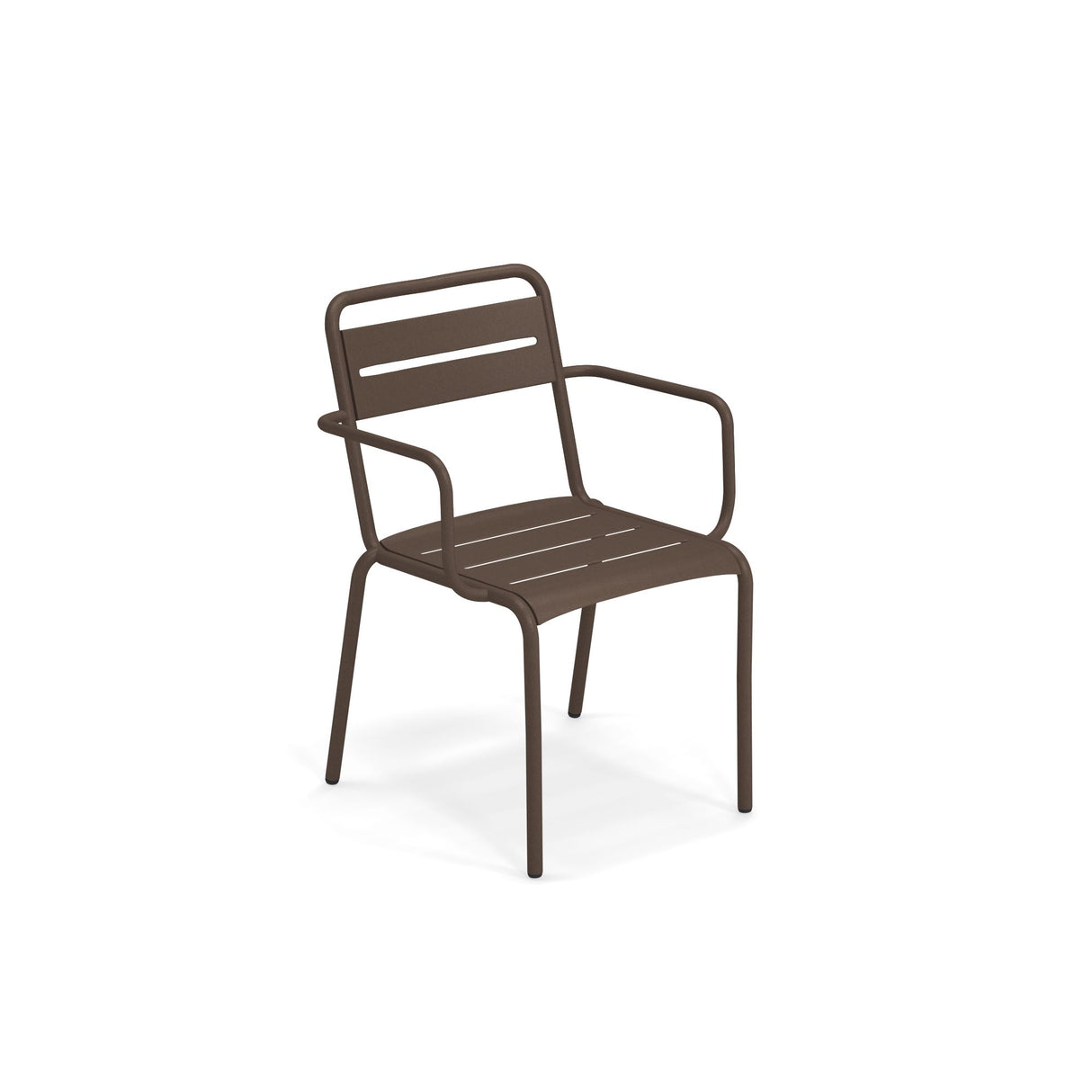 The Star Stacking Armchair features brown steel slats on the seat and backrest, with straight legs and rounded armrests. Its simple, modern design suits both outdoor/indoor spaces, photographed against a plain white background.