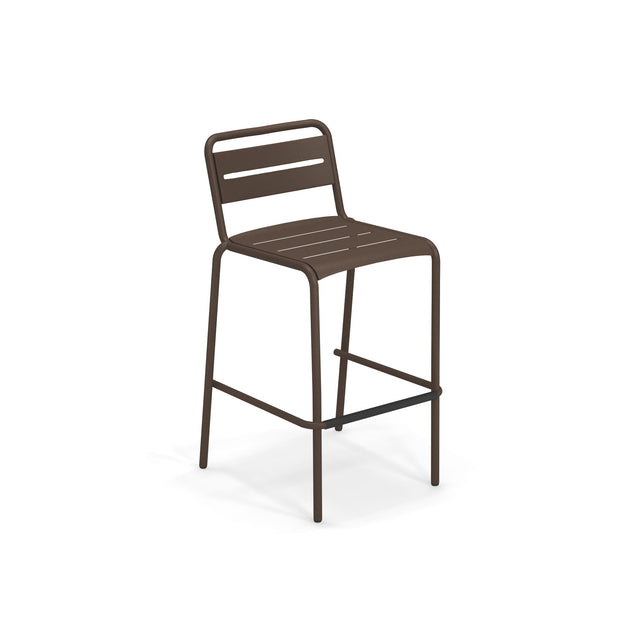 The Star Stacking Barstool is a tall, minimalist steel barstool with a brown metal frame. Its seat and backrest feature parallel horizontal slats, a rectangular footrest, and it’s perfect as an outdoor barstool against a plain white background.