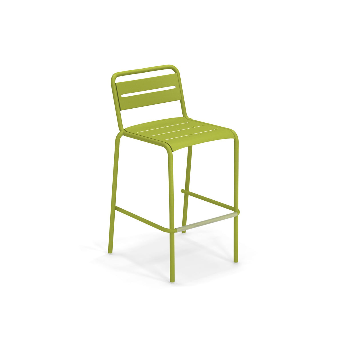 A lime green Star Stacking Barstool features a slatted seat and backrest. This steel barstool has four straight legs, a horizontal footrest, and a minimalist, modern design, photographed against a plain white background.