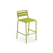 A lime green Star Stacking Barstool features a slatted seat and backrest. This steel barstool has four straight legs, a horizontal footrest, and a minimalist, modern design, photographed against a plain white background.