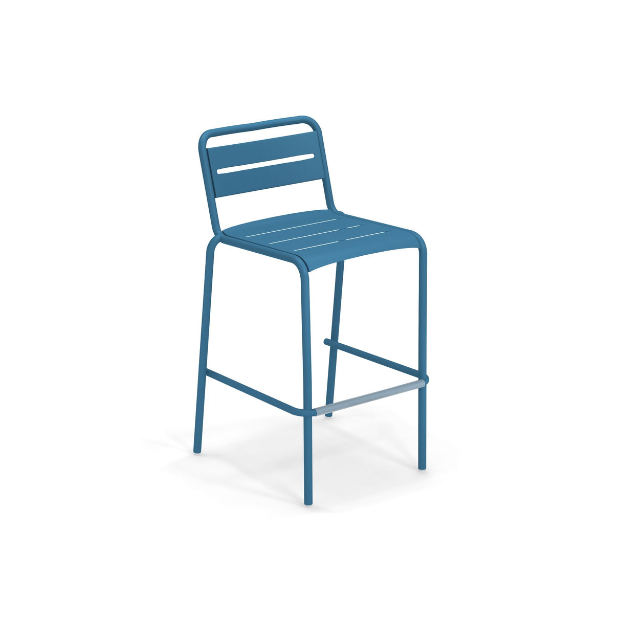 A modern blue steel barstool with a slatted seat and backrest, featuring four straight legs and a horizontal footrest. This minimalistic outdoor barstool, the Star Stacking Barstool, is set against a plain white background.