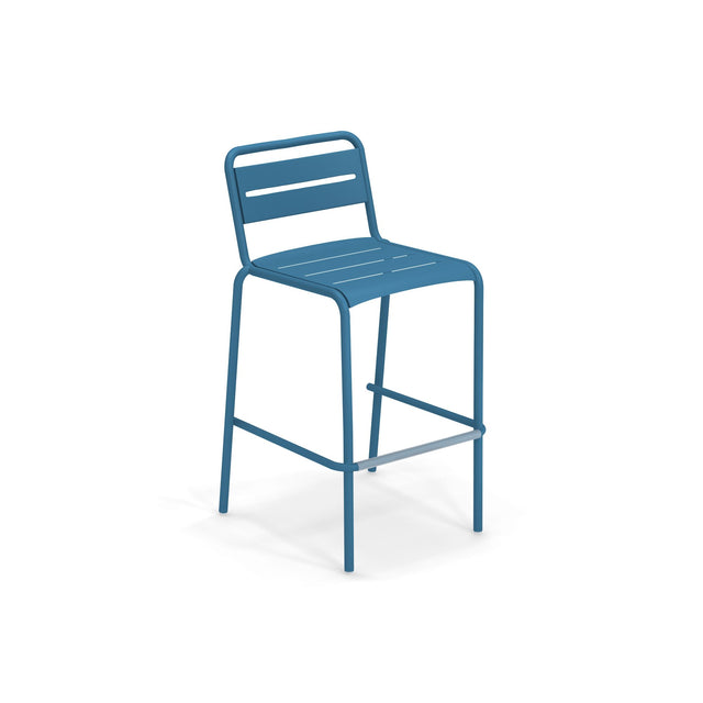 A modern blue steel barstool with a slatted seat and backrest, featuring four straight legs and a horizontal footrest. This minimalistic outdoor barstool, the Star Stacking Barstool, is set against a plain white background.